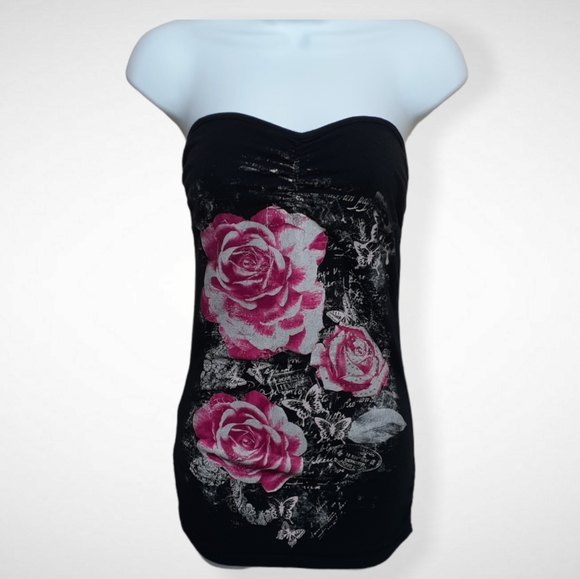Wet Seal Black Roses & Butterflies strapless - Picture 1 of 6